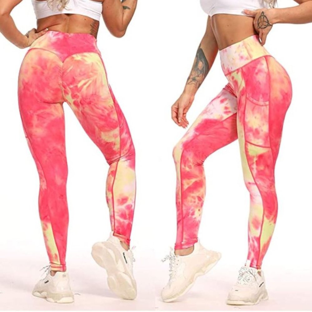NWOT pink yellow tie dye booty scrunch leggings S